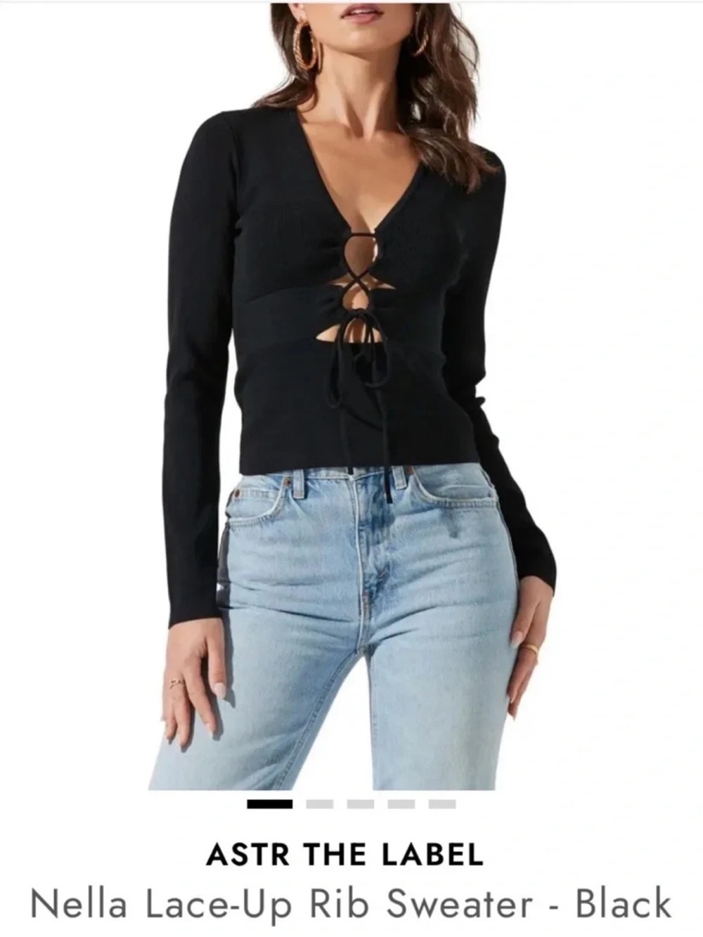 ASTR womens size L Nella black ribbed lace up deep v neck long sleeve knit top